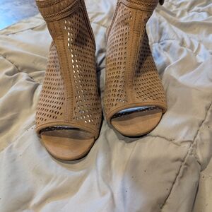 Justice Tan Perforated Heels with Open-Toe Design